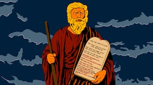 Donald Trump as Moses receiving the 10 Commandments