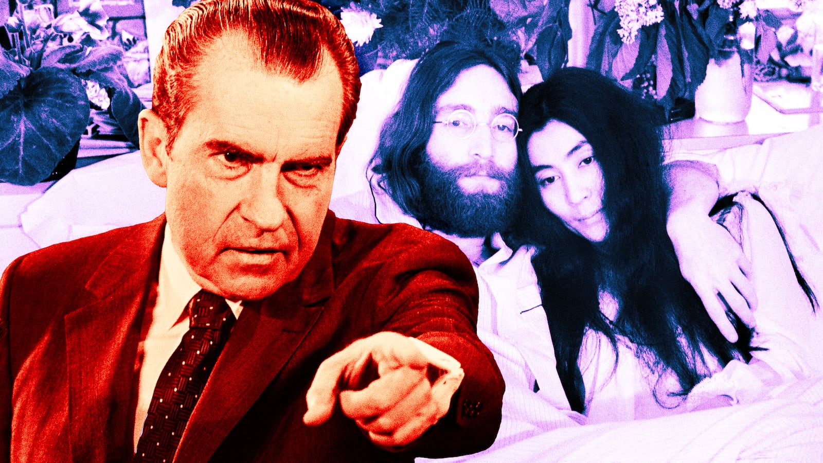 A photo illustration of Richard Nixon, John Lennon, and Yoko Ono.