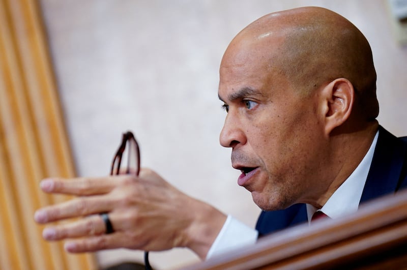 U.S. Senator Cory Booker (D-NJ) questions U.S. Secretary of State Marco Rubio as he testifies before a Senate Foreign Relations Committee