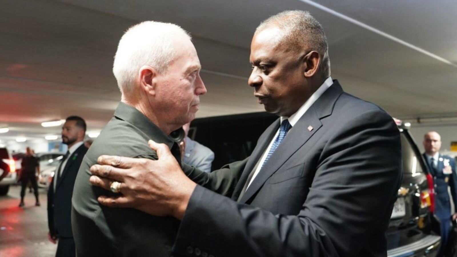 Israeli Defense Minister Yoav Gallant (L) meets with U.S. Secretary of Defense Lloyd Austin (R) in Tel Aviv, Israel on Oct. 13, 2023.