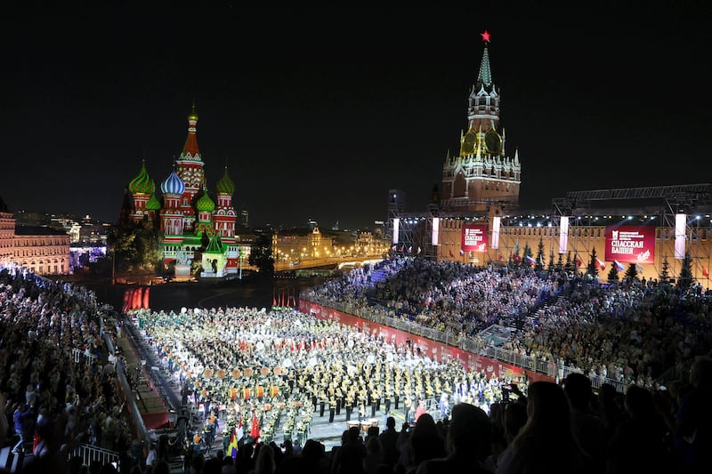 TOPSHOT - Military musicians perform during the Spasskaya Tower International Military Music Festival, at the Red Square in Moscow, on September 1, 2024. (Photo by STRINGER / AFP) (Photo by STRINGER/AFP via Getty Images)