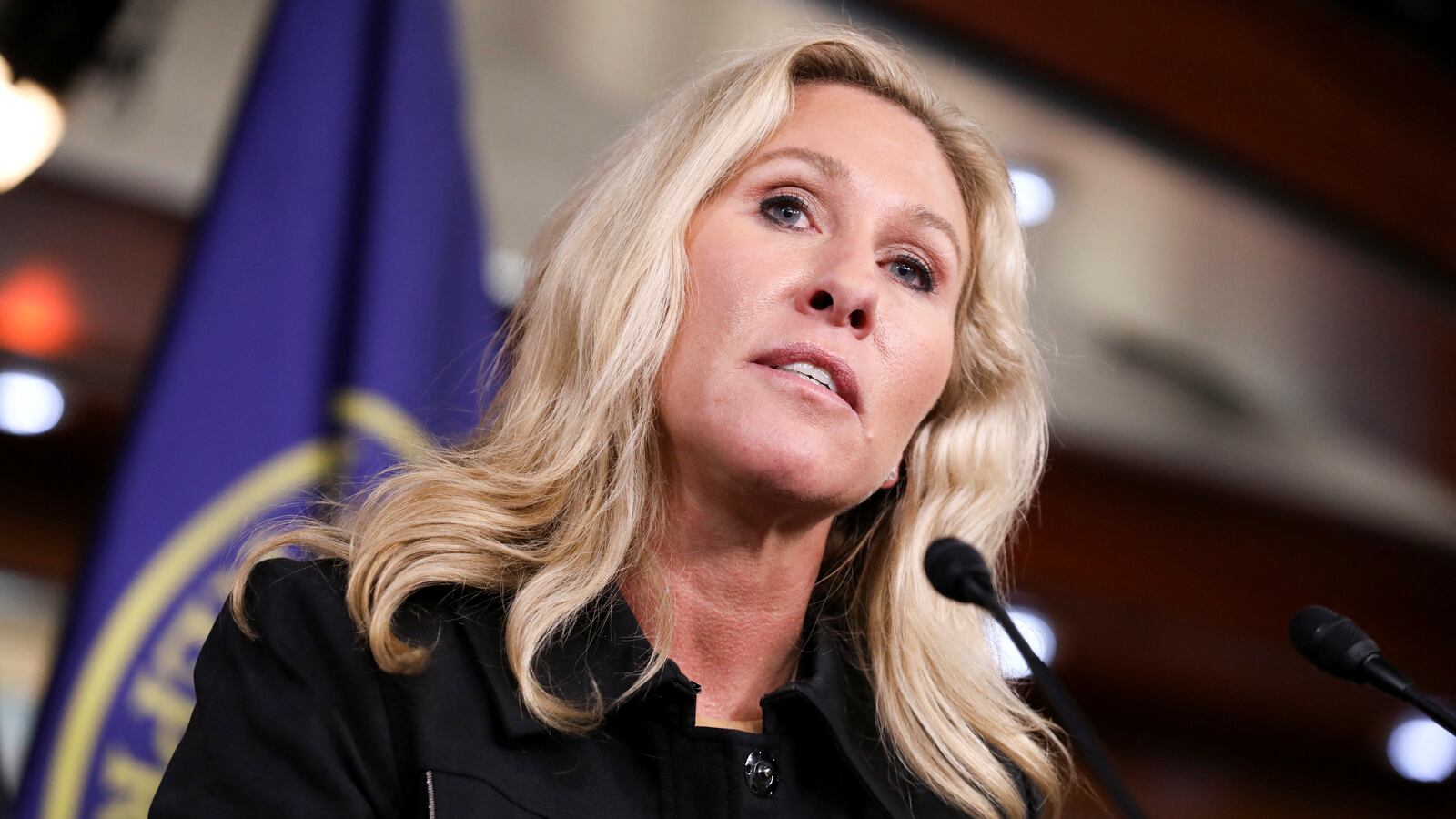 U.S. Representative Marjorie Taylor Greene (R-GA) speaks at a news conference where she introduced a resolution to investigate funding for Ukraine, on Capitol Hill in Washington, U.S., November 17, 2022.