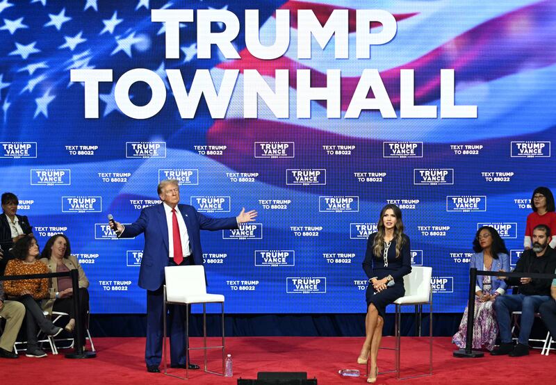 Republican presidential candidate Donald Trump speaks during a town hall, moderated by South Dakota Governor Kristi Noem at the Greater Philadelphia Expo Center and Fairgrounds in Oaks, Pennsylvania, on October 14, 2024.