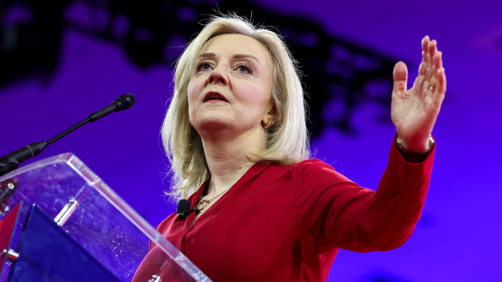 Britain's former Prime Minister Liz Truss speaks at the Conservative Political Action Conference (CPAC) annual meeting in National Harbor, Maryland, U.S., February 22, 2024.
