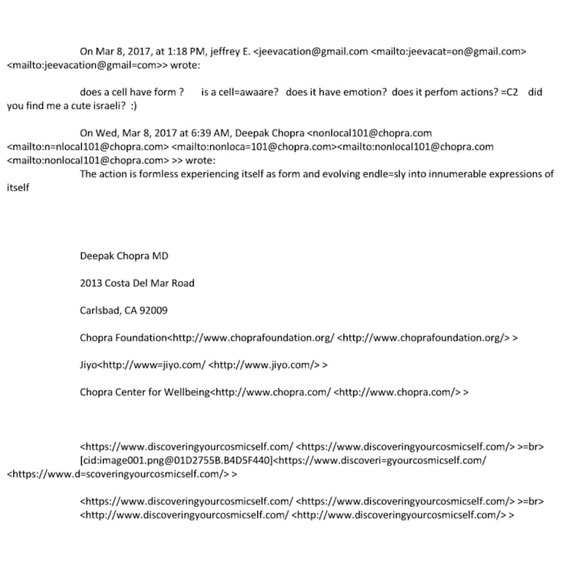 Emails in the Epstein Files between Deepak Chopra and Jeffrey Epstein.