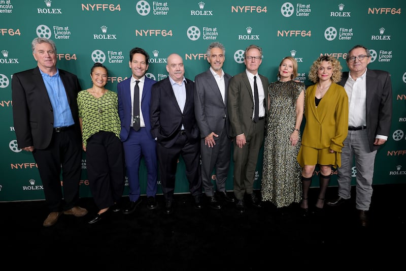 NEW YORK, NEW YORK - OCTOBER 03: (L-R) Tom Bernard, Mariko Silver, Paul Rudd, Paul Giamatti, John Turturro, Tom McCarthy, Amy Ryan, Tatiana Maslany, and Michael Barker attend the premiere of "A Statement" during the 64th New York Film Festival at Alice Tully Hall, Lincoln Center on October 03, 2026 in New York City. (Photo by Dia Dipasupil/Getty Images for FLC)