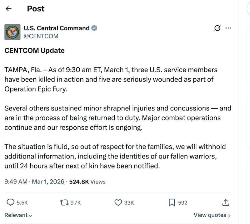 The U.S. Central Command announced the first American casualties on Sunday morning.