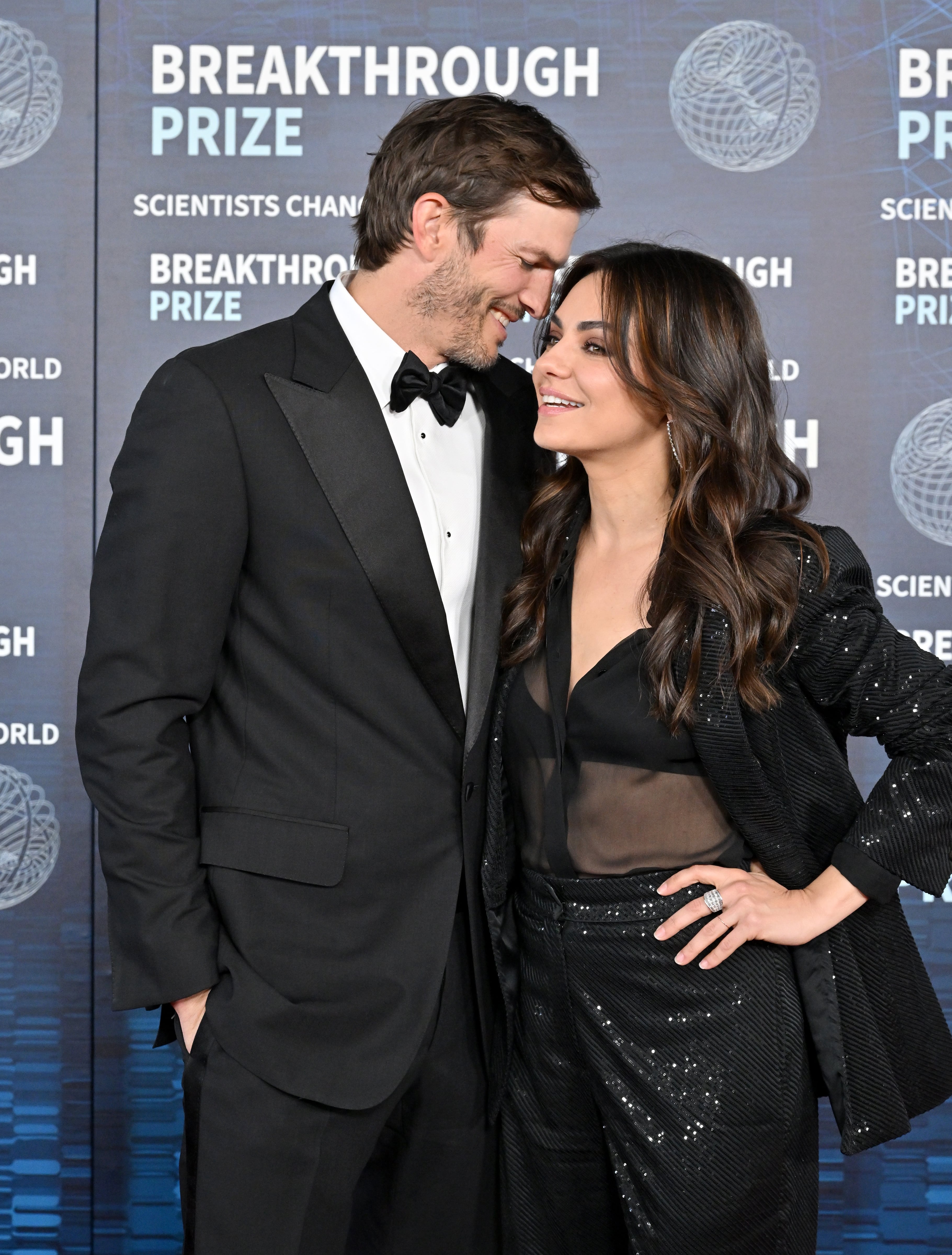 Mila Kunis and Ashton Kutcher met while working on 'That '70s Show' (1998-2006). Here at the 9th Annual Breakthrough Prize Ceremony in Los Angeles, California, in 2023.