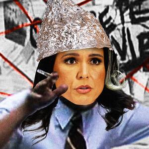 Tulsi Gabbard wearing a tinfoil hat as the Charlie Cox meme from It's Always Sunny in Philadelphia holding an obama russia hoax conspiracy theory graphic