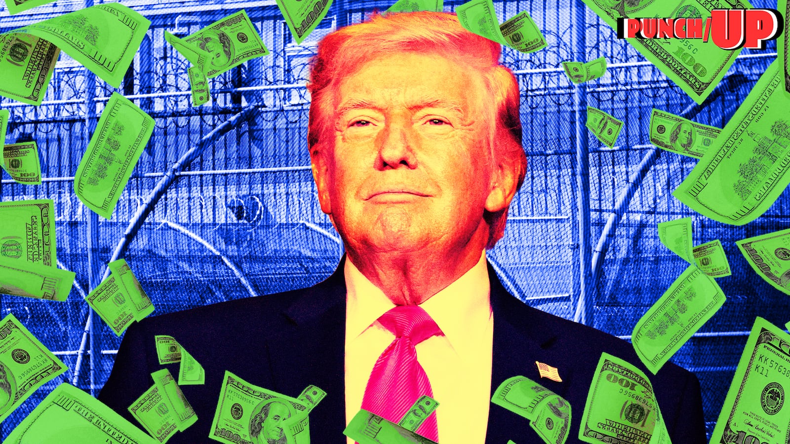A photo illo illustration for PunchUp of Donald Trump with money in front of a GEO Group ICE prison.