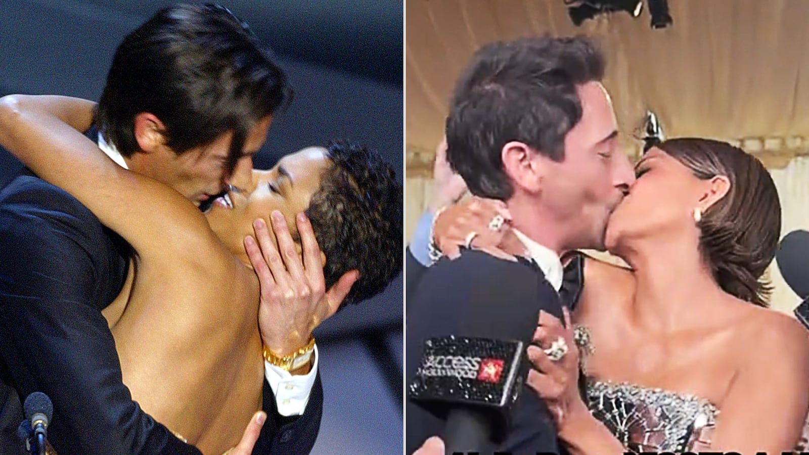 Adrien Brody and Halle Berry recreate their iconic Oscars kiss.