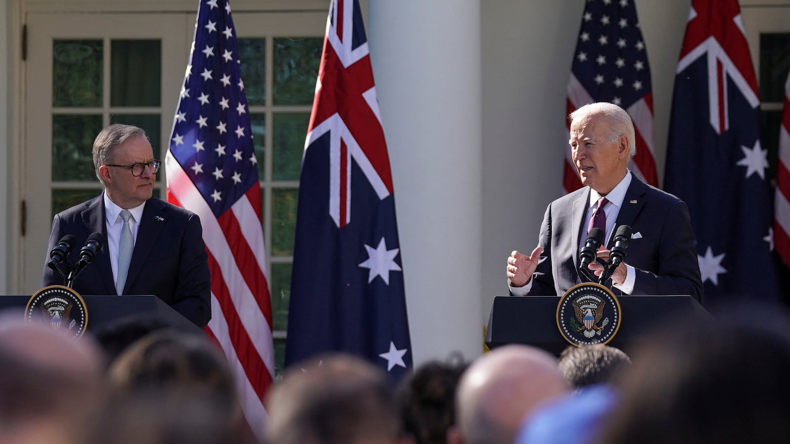 U.S. President Joe Biden addresses a joint press conference with Australia’s Prime Minister Anthony Albanese.