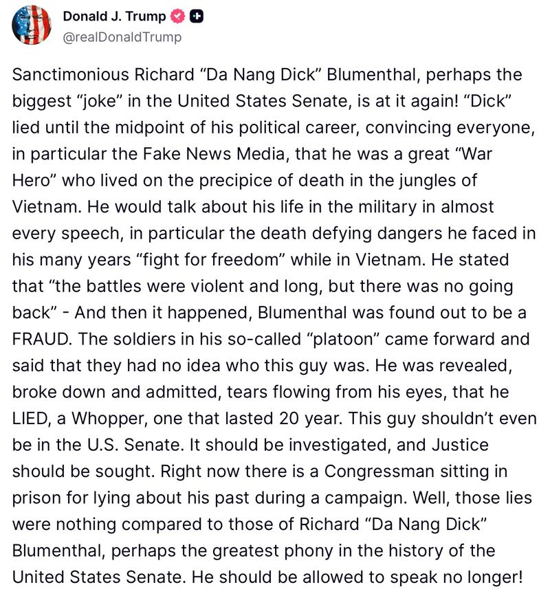 Donald Trump posts on Truth Social about Richard Blumenthal.