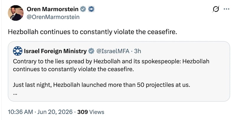 Oren Marmorstein accuses Hezbollah of breaking the ceasefire with Israel.