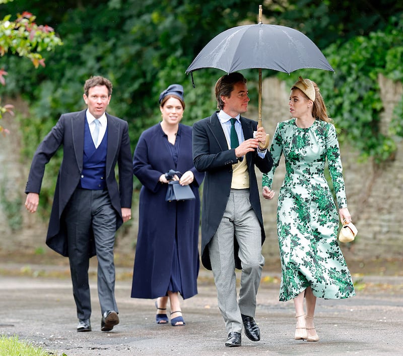 Jack Brooksbank, Princess Eugenie, Edoardo Mapelli Mozzi and Princess Beatrice attend the wedding of Peter Phillips and Harriet Sperling at All Saints' Church on June 6, 2026 in Kemble, England. Peter Phillips, son of Princess Anne, Princess Royal and eldest grandchild of Queen Elizabeth II, will marry NHS Nurse and writer Harriet Sperling during a ceremony at All Saints' Church in Kemble today. (Photo by Max Mumby/Indigo/Getty Images)