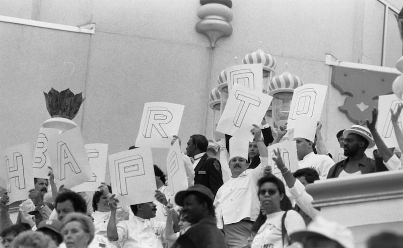 Trump Taj Majal employees throw a birthday rally for their boss Donald Trump, at the casino in Atlantic City, NJ, June 26, 1990. Mr Trump turned 44 on June 14.