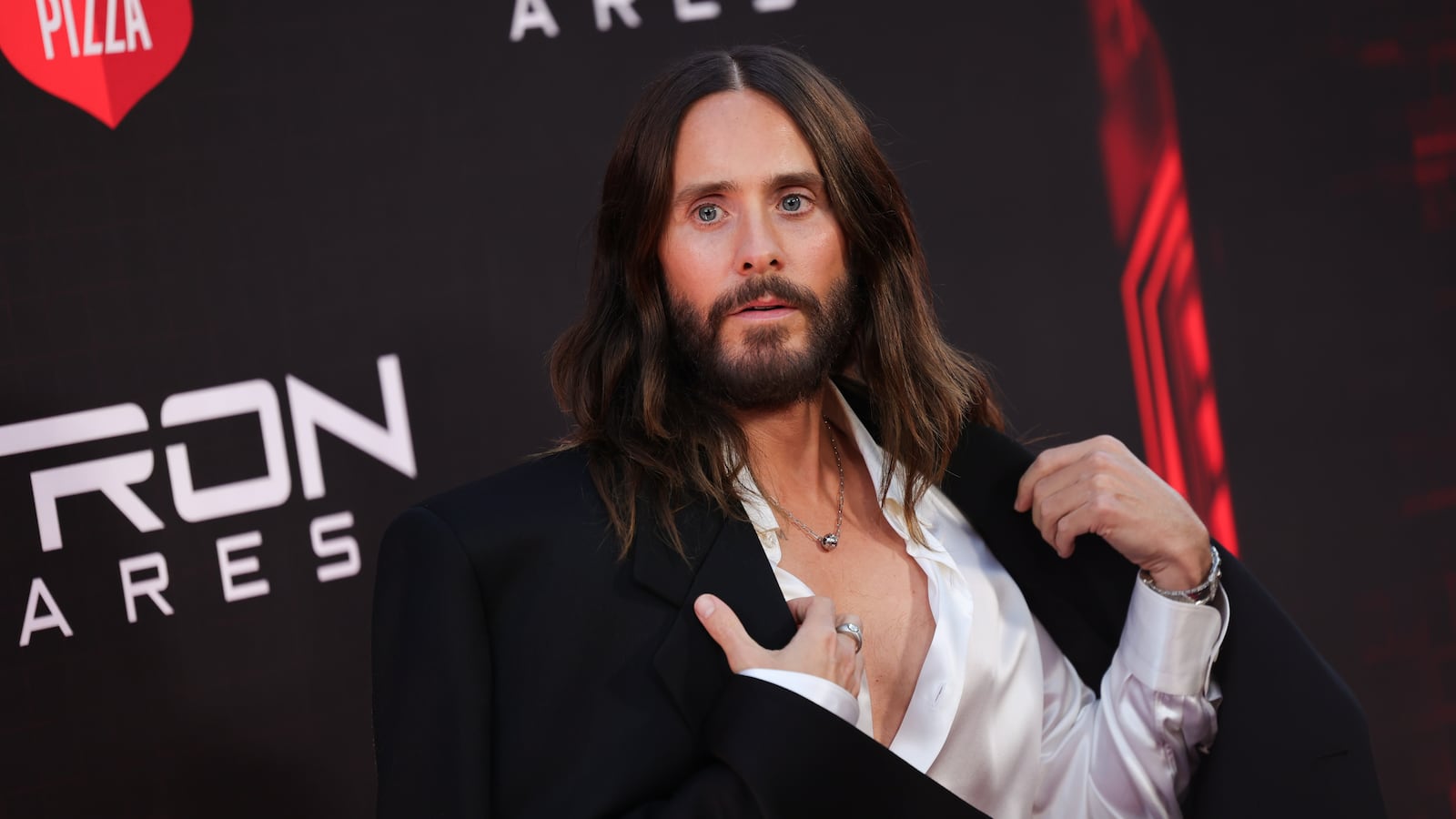 HOLLYWOOD, CALIFORNIA - OCTOBER 06: Jared Leto arrives at the premiere of Disney's "Tron: Ares" at TCL Chinese Theatre on October 06, 2025 in Hollywood, California.