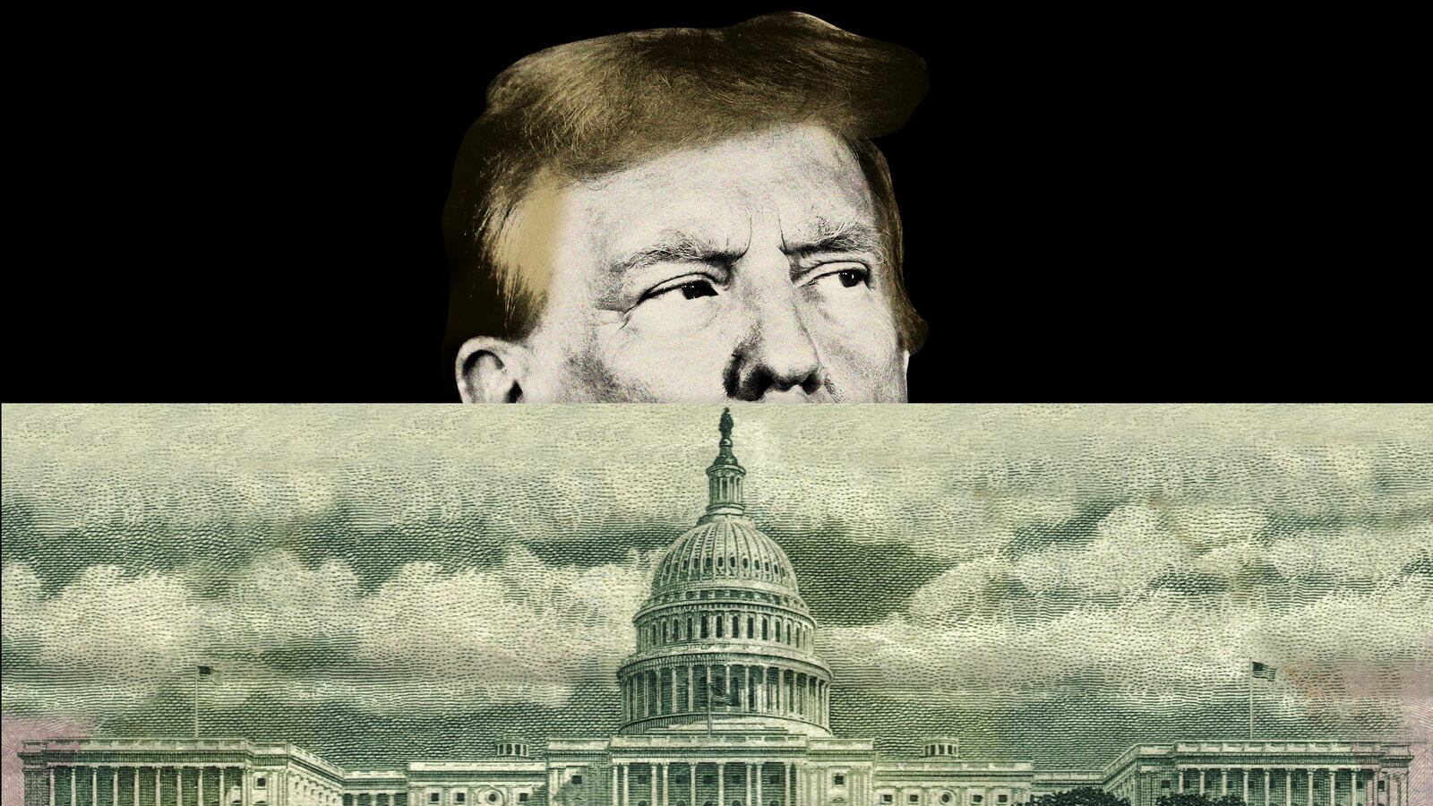 A photo illustration showing Donald Trump looking over a dollar bill showing the U.S. Capitol.