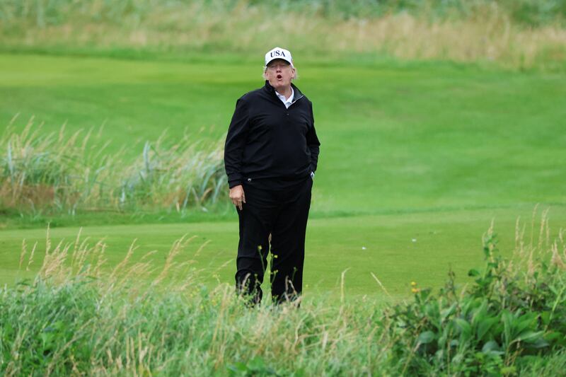 U.S. President Donald Trump reacts as he golfs at Trump Turnberry resort in Turnberry, Scotland, Britain, July 27, 2025. REUTERS/Phil Noble