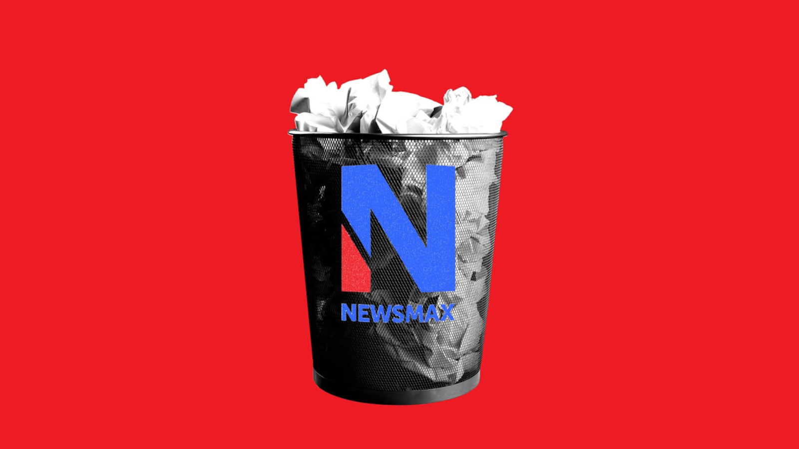 Newsmax logo illustrated over a trash bin.