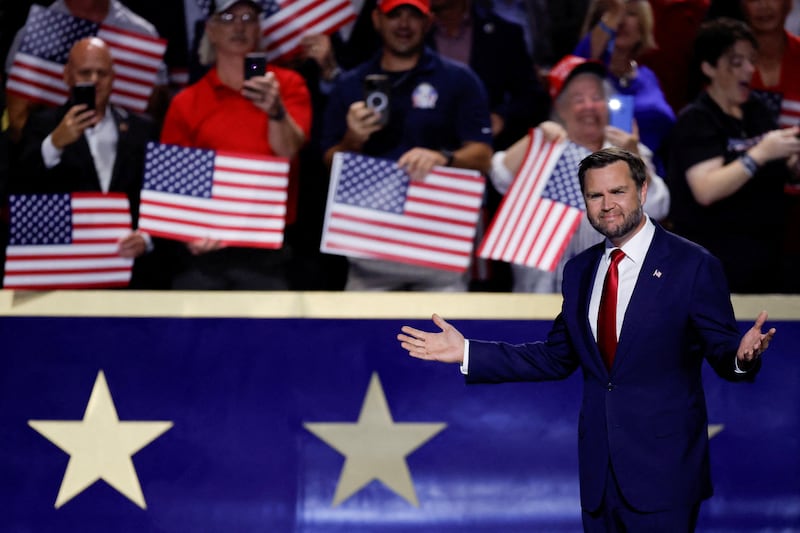 U.S. Vice President JD Vance gestures on stage at the Republican National Midterm Convention in Dallas, Texas, U.S., September 10, 2026. REUTERS/Brian Snyder     TPX IMAGES OF THE DAY