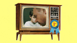Vintage TV with a blue ribbon flipping through channels showing Abbott Elementary, The Pitt, Hacks, and Adolescence