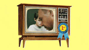Vintage TV with a blue ribbon flipping through channels showing Abbott Elementary, The Pitt, Hacks, and Adolescence