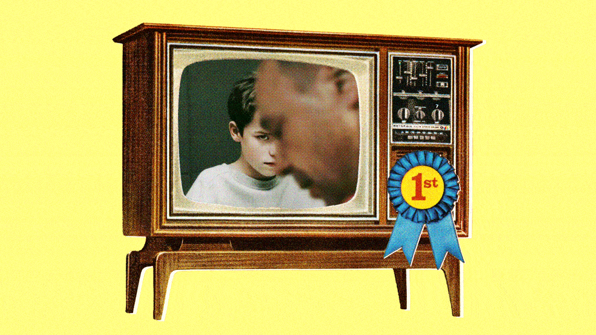 Vintage TV with a blue ribbon flipping through channels showing Abbott Elementary, The Pitt, Hacks, and Adolescence