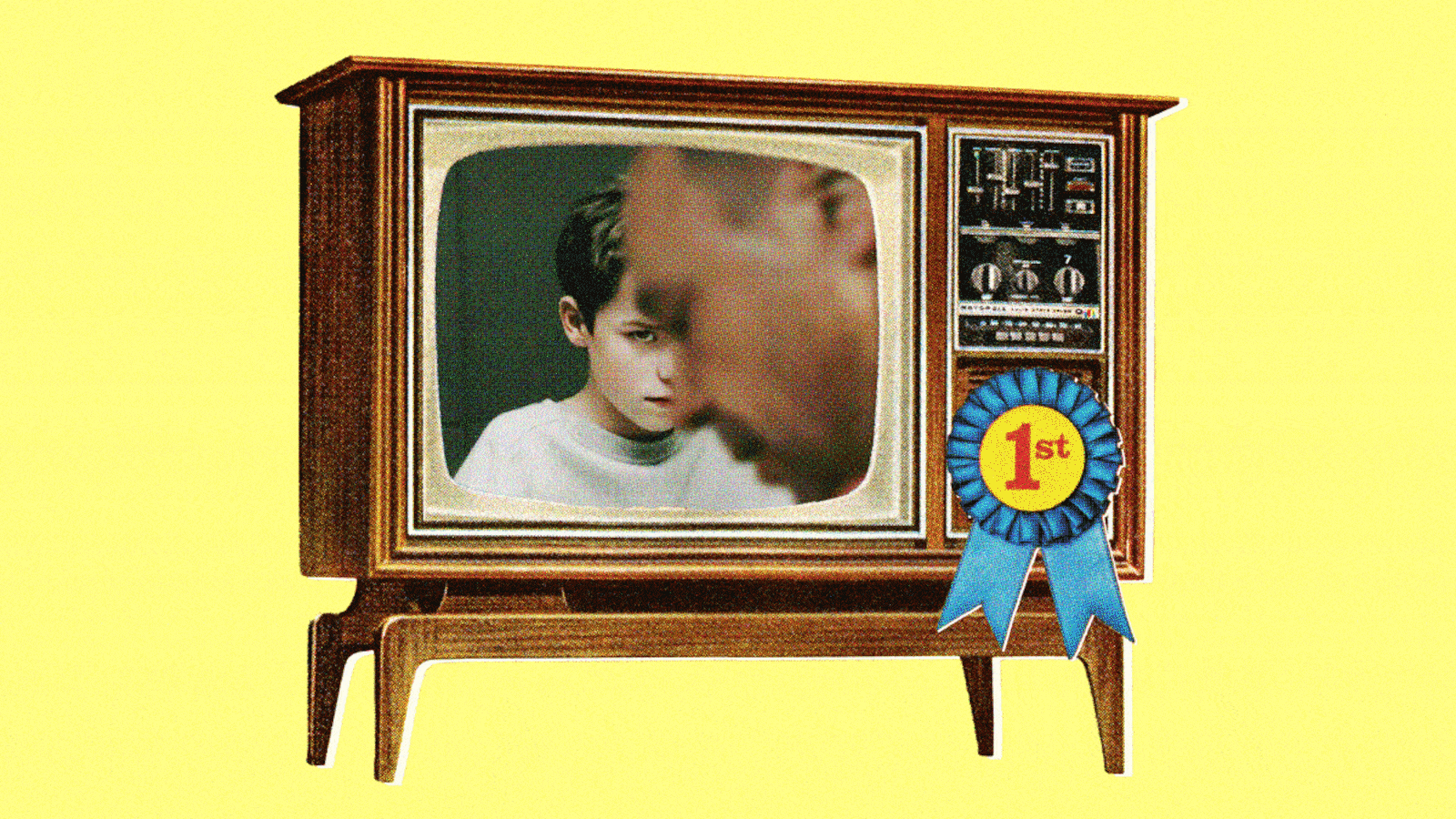 Vintage TV with a blue ribbon flipping through channels showing Abbott Elementary, The Pitt, Hacks, and Adolescence