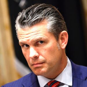 U.S. Secretary of War Pete Hegseth during a meeting with U.S. President Donald Trump and President of Argentina Javier Milei