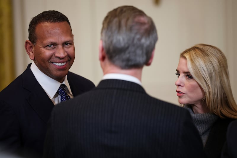 WASHINGTON, DC - MARCH 05: (L-R) Former MLB player Alex Rodriquez speaks with U.S. Treasury Secretary Scott Bessent and U.S. Attorney General Pam Bondi during an event celebrating the 2025 MLS Cup Champions Inter Miami CF in the East Room of the White House on March 05, 2026 in Washington, DC. Inter Miami defeated the Vancouver Whitecaps 3-1 to win their first MLS Cup championship. (Photo by Win McNamee/Getty Images)