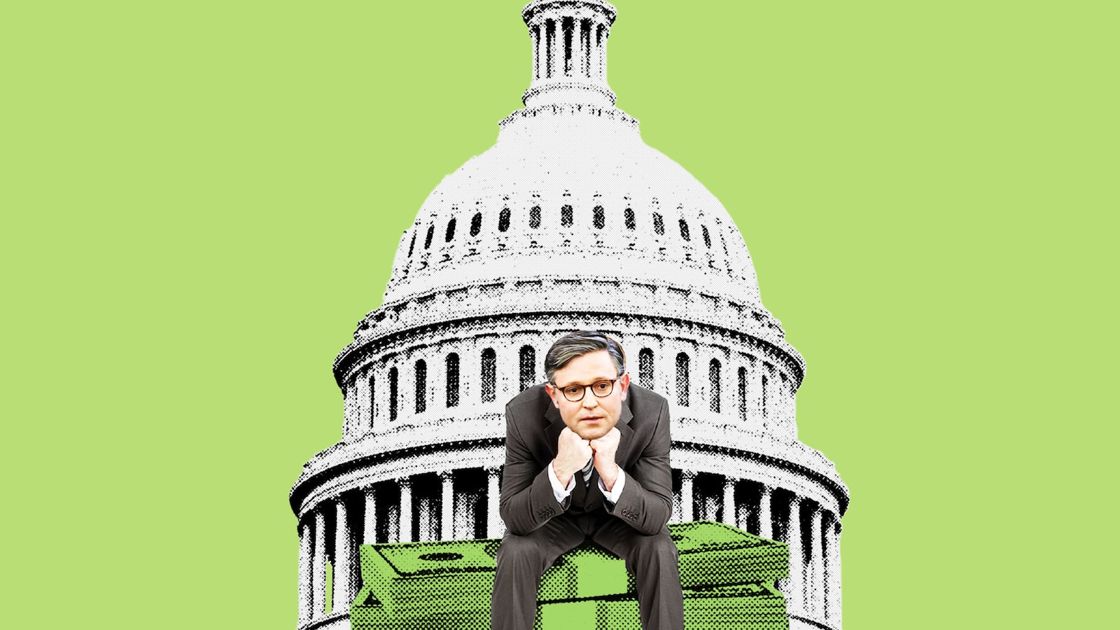 A photo illustration of Mike Johnson sitting on a small pile of money in front of Congress looking despondent