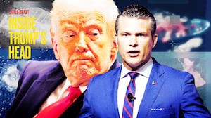 A photo illustration of Donald Trump and Pete Hegseth for Inside Trump's Head podcast.