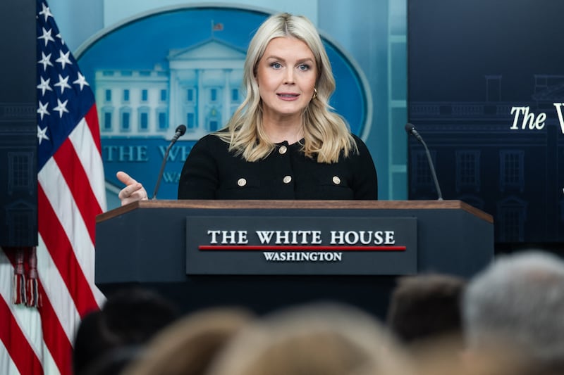 White House Press Secretary Karoline Leavitt speaks during a press briefing in the Brady Press Briefing Room of the White House in Washington, DC, on February 18, 2026.