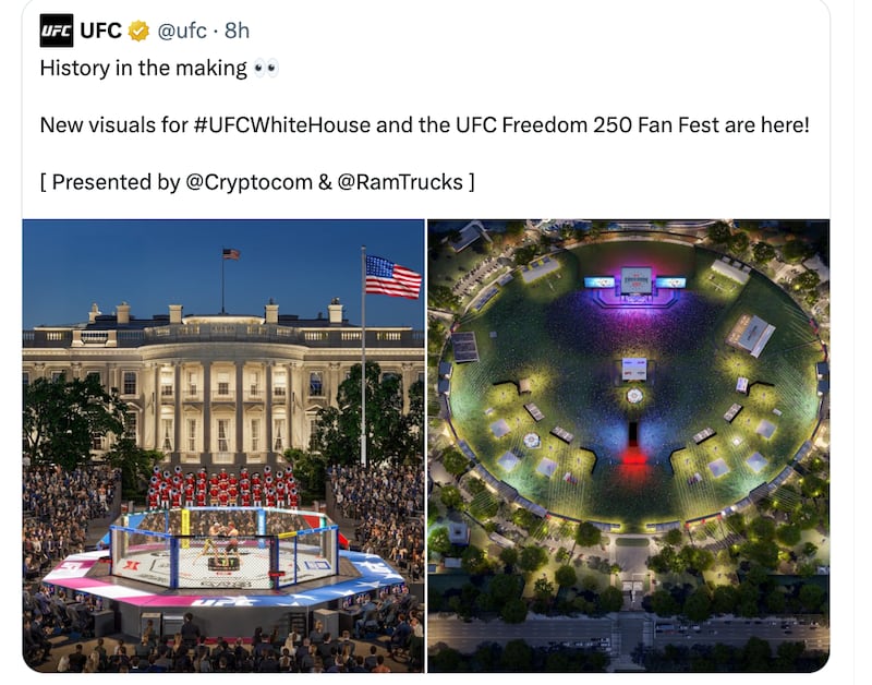 An Ultimate Fighting Championship post envisions scene for its event outside the White House next month.