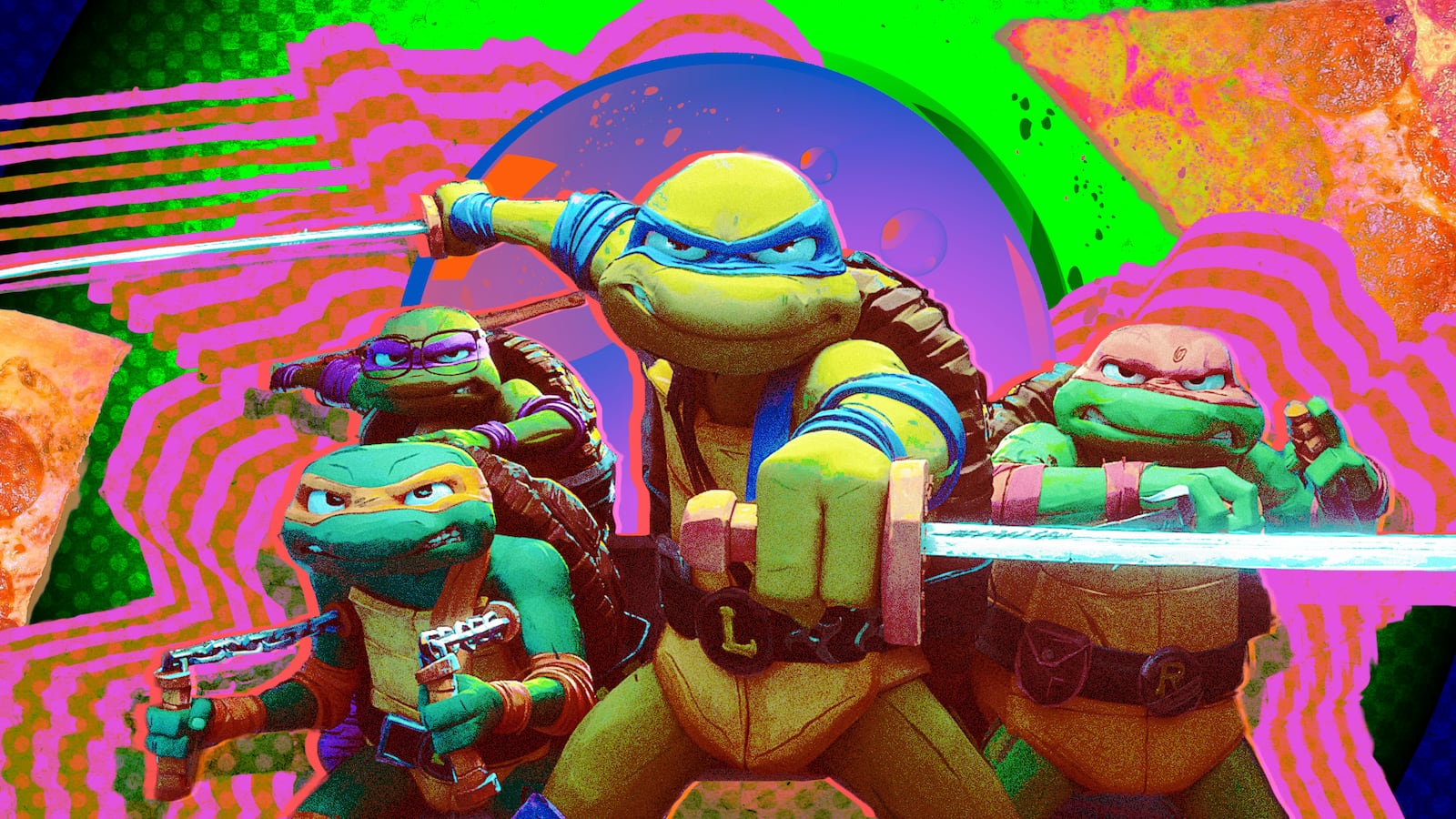 A photo illustration of a production still from Teenage Mutant Ninja Turtles: Mutant Mayhem.