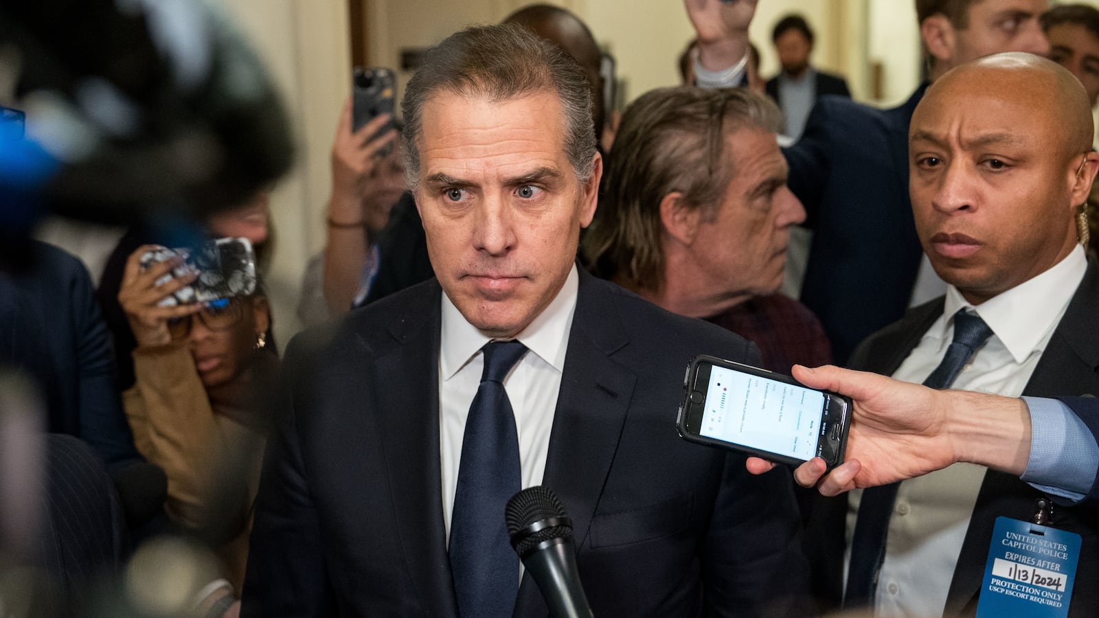 Hunter Biden departs a House Oversight Committee meeting at Capitol Hill on January 10, 2024 in Washington, DC.
