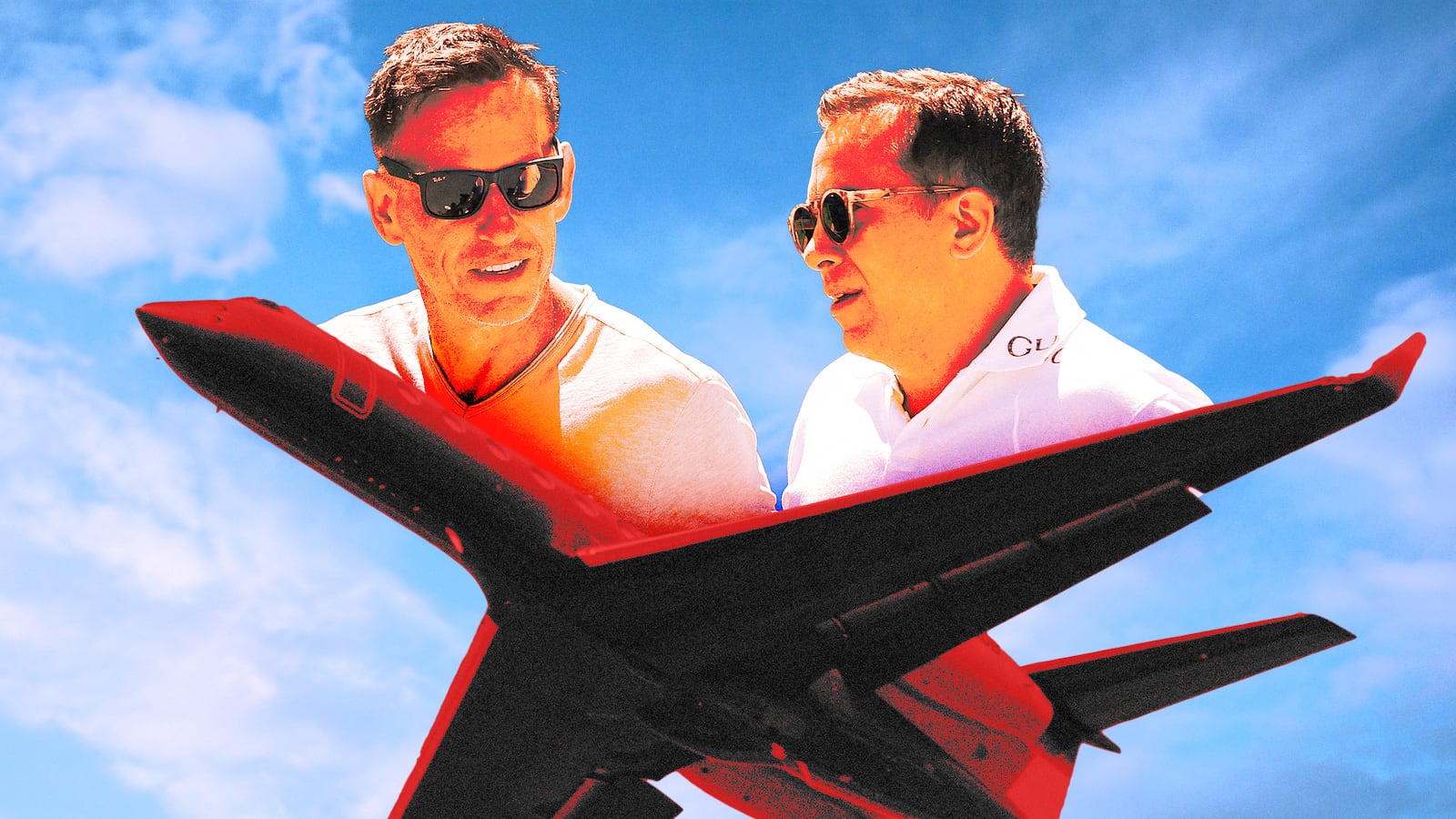 A photo illustration illo of Co-founder of Palantir Technologies Peter Thiel and Matt Danzeisen and Gulfstream G550 N878DB.