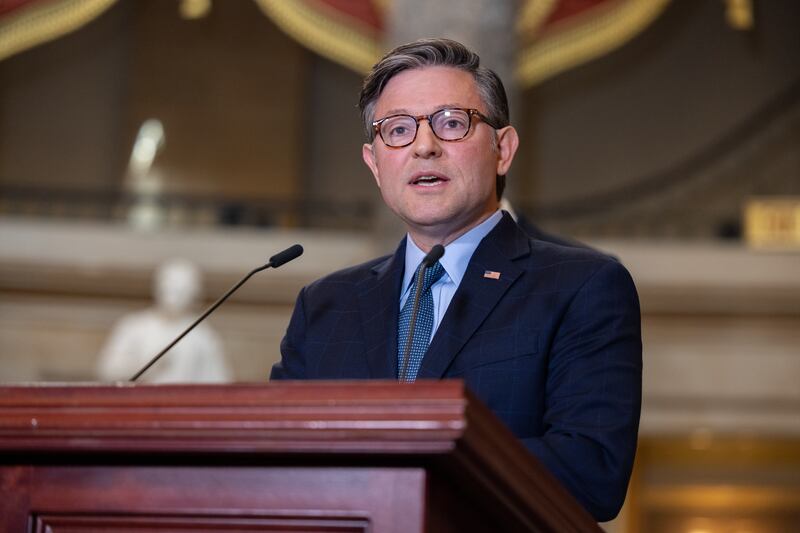 WASHINGTON, DC - OCTOBER 3: House Speaker Mike Johnson (R-LA) speaks at a press conference with Senate Majority Leader John Thune (R-ND) in Statuary Hall inside the U.S. Capitol as the government shutdown enters its third day, in Washington, DC on October 3, 2025. (Photo by Nathan Posner/Anadolu via Getty Images)