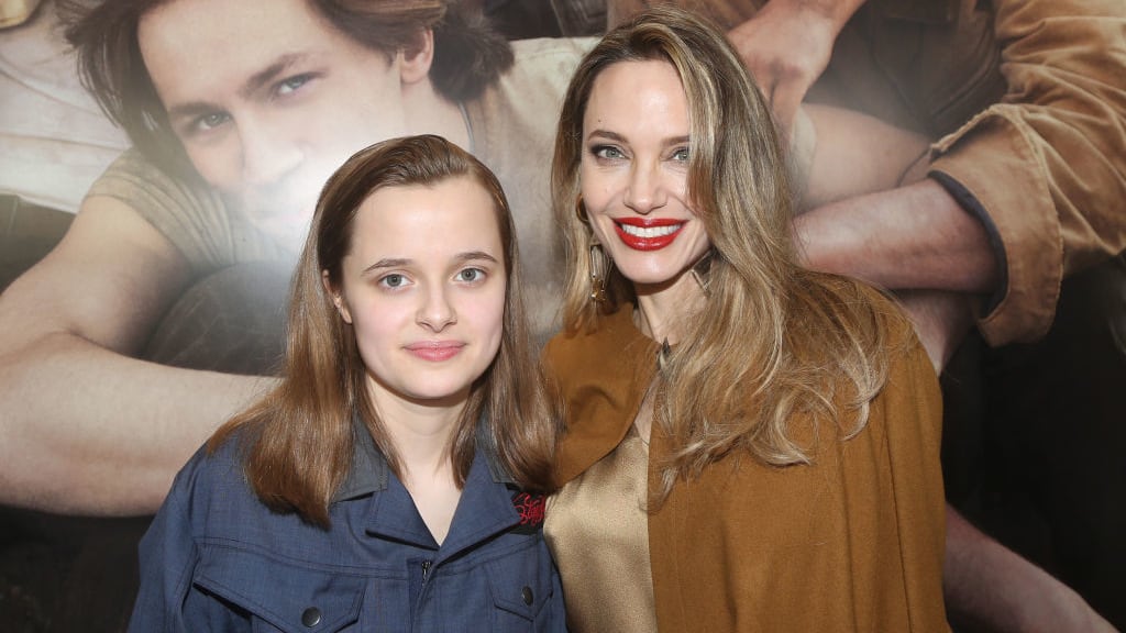 Vivienne Jolie-Pitt and Angelina Jolie attend the opening night of “The Outsiders” at The Bernard B. Jacobs Theatre in New York City.