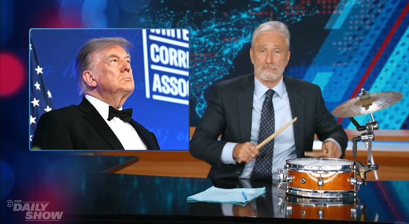 The Daily Show, Stewart performing a sarcastic rim shot after one of Trump's WHCD jokes