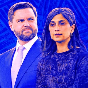 A photo illustration of JD Vance and Usha Vance on a blue background.