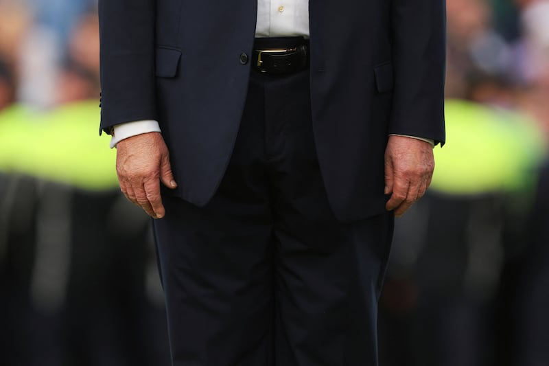 U.S. President Donald Trump reacts at the Amgen Irish Open 2026, at Trump International Golf Links in Doonbeg, County Clare, Ireland, September 13, 2026. REUTERS/Cathal McNaughton