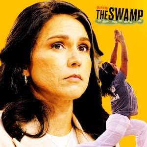 A photo illustration of Tulsi Gabbard and Gabbard doing yoga for The Swamp.