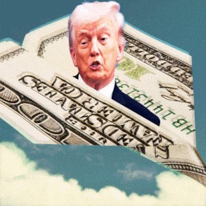 Donald Trump coming out a $100 bill paper plane