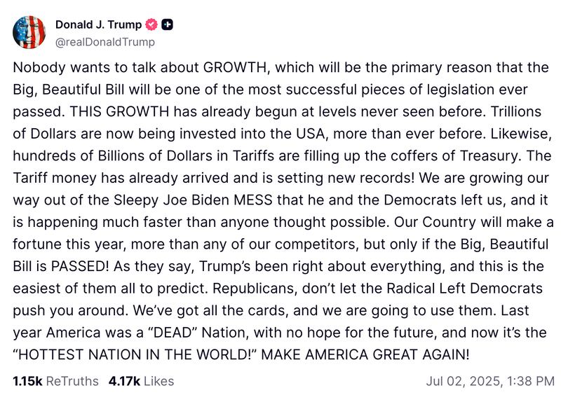 Trump's Truth Social Post imploring GOP reps to back his bill.