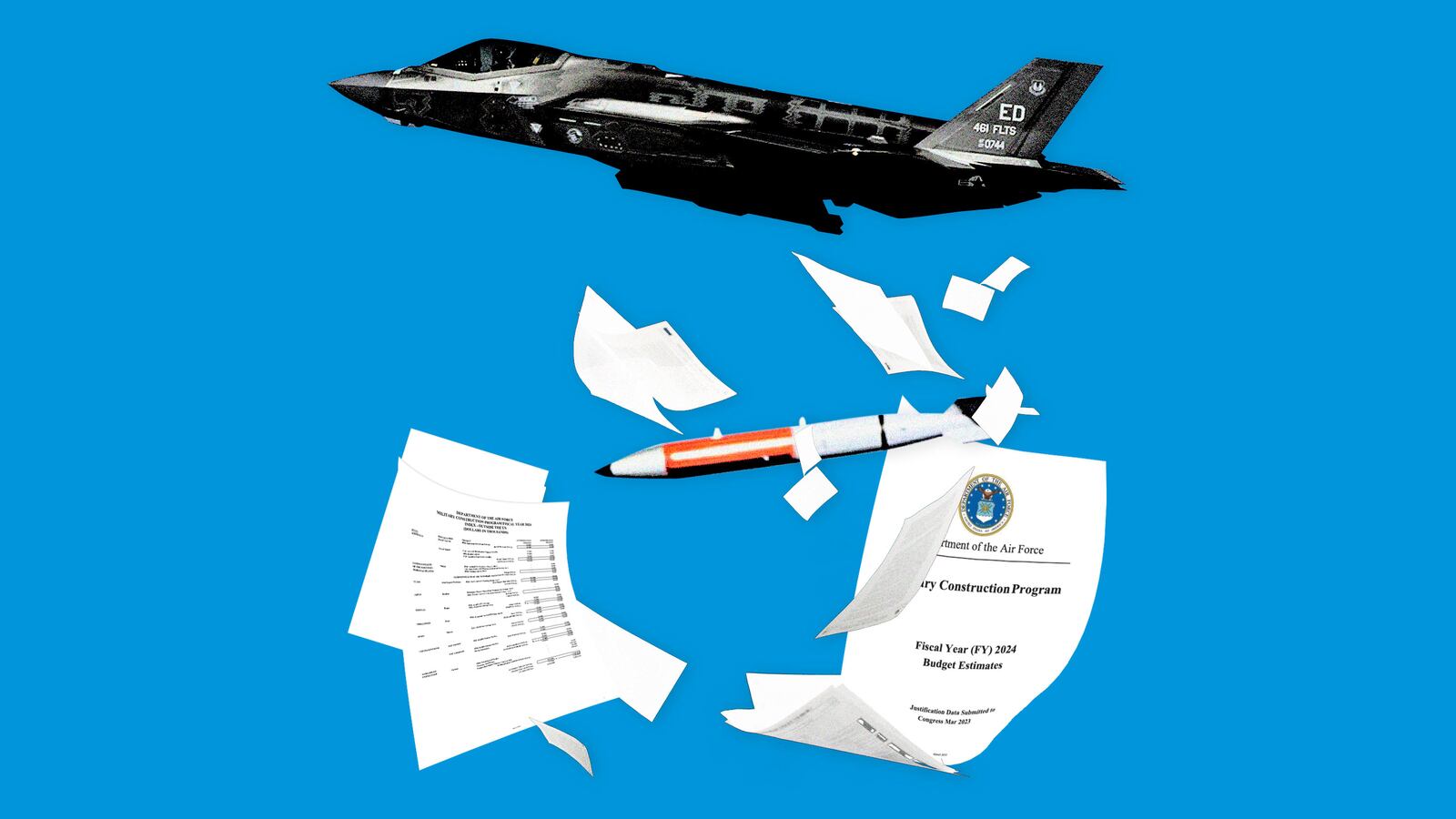 A photo illustration showing a F-35 airplane dropping a B61 gravity bomb and nuclear related documents.