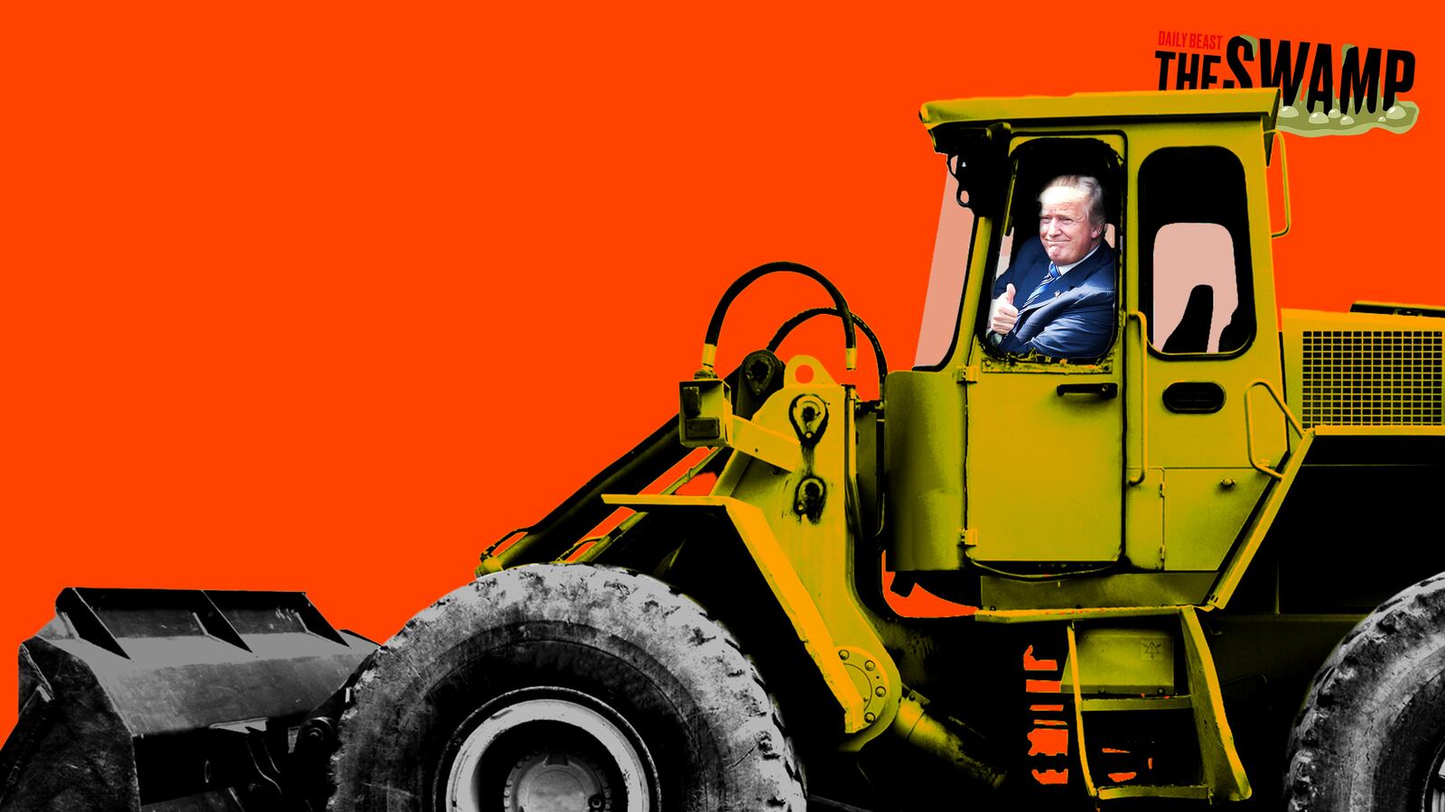 Donald Trump smiling and giving a thumbs up in a bulldozer on a red background
