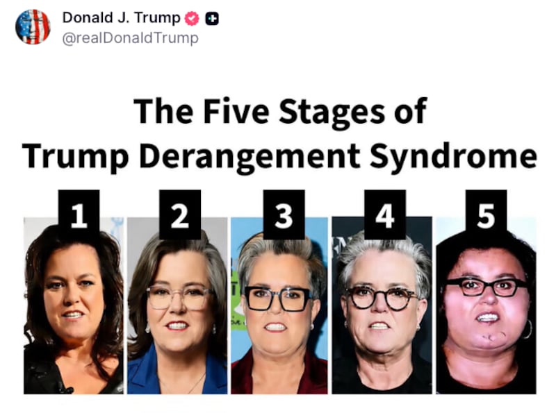 A meme depicting five photos of Rosie O’Donnell as the stages of “Trump Derangement Syndrome.”