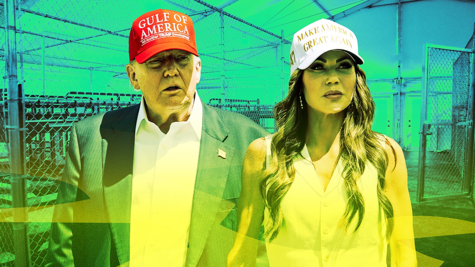 A photo illo illustration of Donald Trump, Kristi Noem, and Alligator Alcatraz in Florida.